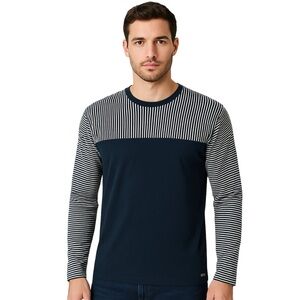 Armani Exchange Cotton Navy & White Striped Knit Long Sleeve Crewneck Fisherman